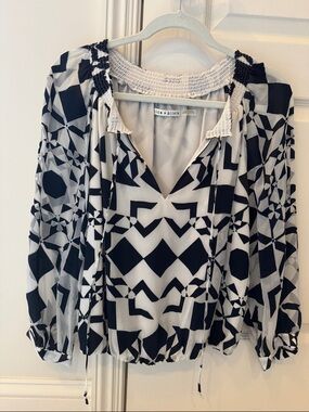 Alice + Olivia Black and White Geometric Tie-Neck Blouse